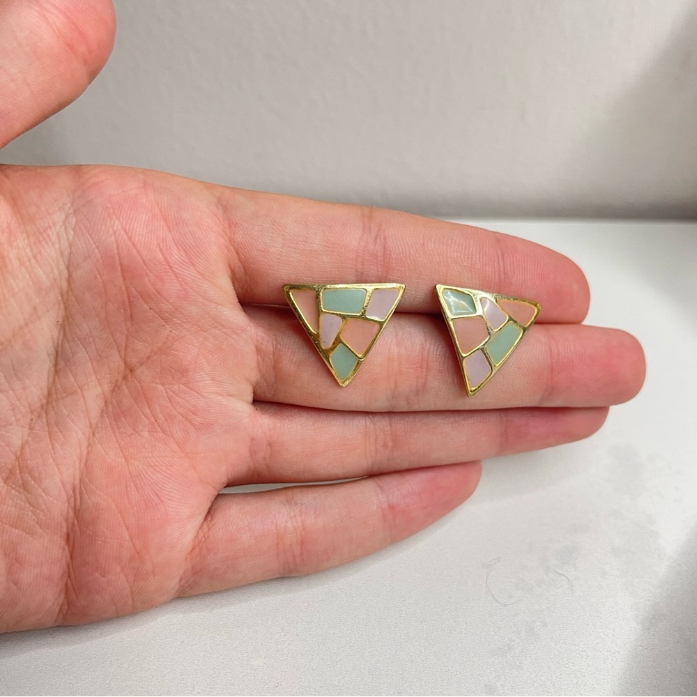 vintage gold triangle pink and green earrings